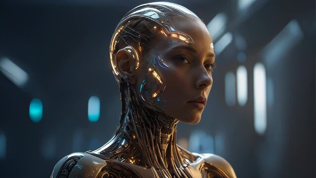 Female cyborg portrait cinematic close up pan