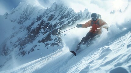 Skiing down snowy mountain slope with sports equipment, under cloudfilled sky - obrazy, fototapety, plakaty