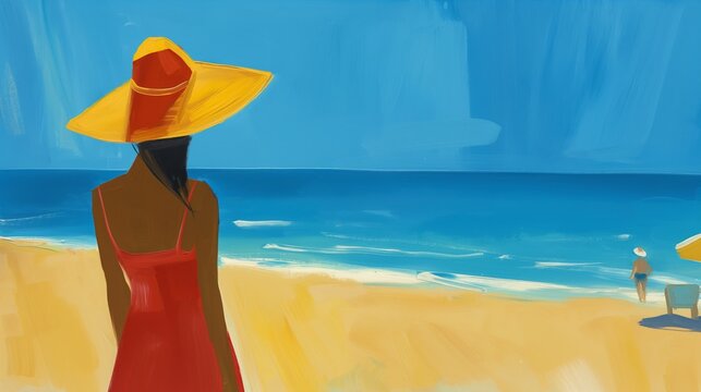 Woman in hat at seaside resort. Vibrant Guash illustration. Bright colors.