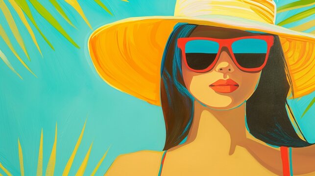 Woman in hat at seaside resort. Vibrant Guash illustration. Bright colors.
