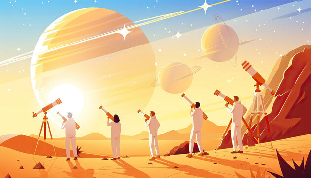 Exploring the Cosmos: Astronomers Observing the Stars with Telescopes in the Desert. Group of Scientists Studying Astronomy Flat Vector Illustration. Space, Exploration, Science Concept for Banner, We