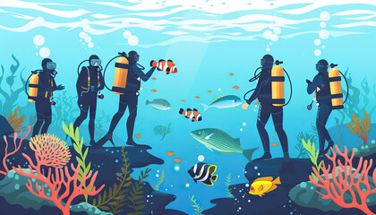 Discovering Marine Life: Divers Observing Fish and Coral Reef Underwater. Group of Oceanographers Studying Marine Biology Flat Vector Illustration. Ocean, Exploration, Marine Life Concept for Banner,  - obrazy, fototapety, plakaty