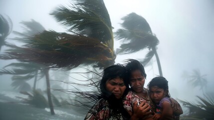 A family huddles together in fear as their home is pummeled by fierce winds and heavy rain brought on by a raging cyclone. - obrazy, fototapety, plakaty