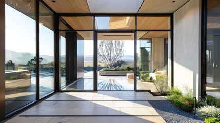 A main door with a seamless transition between indoor and outdoor spaces, incorporating large glass panels that blur the boundaries between the interior and exterior of the house.