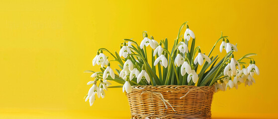 A vibrant composition featuring a woven basket full of fresh snowdrop flowers against a striking yellow backdrop