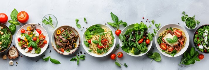 Assorted spaghetti dishes with various pastas and sauces, elegantly displayed on white background