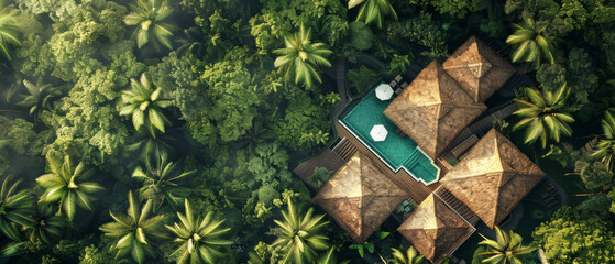 The image shows an aerial perspective of an exquisite villa nestled in the heart of a dense tropical green paradise - obrazy, fototapety, plakaty