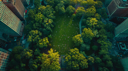 Amidst skyscrapers, a park's green foliage offers relaxation and a sense of community as an urban oasis for city dwellers - obrazy, fototapety, plakaty