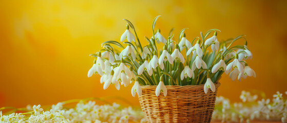 Warmly lit image showcasing delicate snowdrop flowers in a traditional basket, conveying a sense of springtime warmth