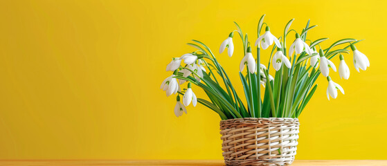 Crisp white snowdrops overflowing from a basket against a solid yellow wall, evoking feelings of joy