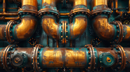 Detailed image of weathered rusty pipes and valves, symbolizing decay and the passage of time in industrial environments - obrazy, fototapety, plakaty