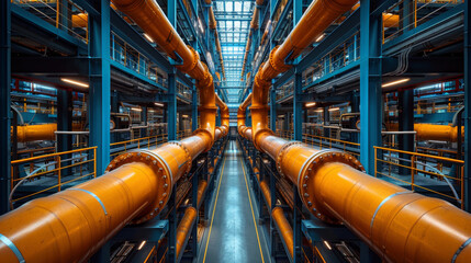 An immaculate perspective of contemporary pipes and machinery, posing a blend of engineering and architectural brilliance - obrazy, fototapety, plakaty