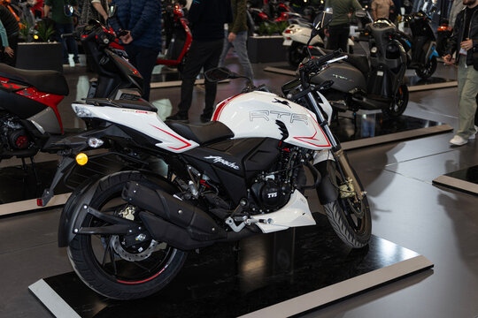 ISTANBUL, TURKEY - MARCH 23, 2024: TVS Apache motorcycles on display at Motobike Istanbul 2024 in Istanbul Expo Center (IFM).