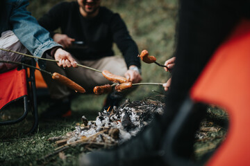 Group of friends gathered around a campfire, roasting sausages on a cool evening, sharing stories...