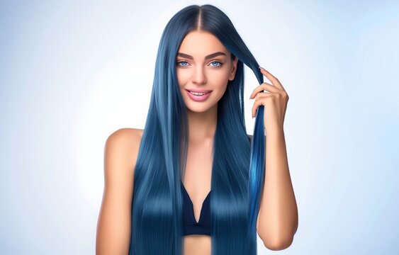 Woman showcasing blue sleek, shiny hair post-shampoo. Portrait of beauty and haircare.