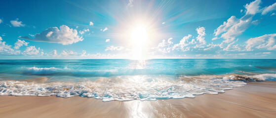 A picturesque portrayal of sun glare casting over a pristine ocean meeting a white sand beach, framed by a clear blue sky - Powered by Adobe