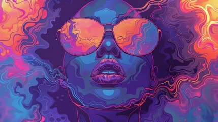 a womans face, swirling colors and sunglasses, Psychedelic neonpunk  