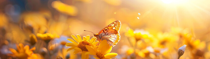 A butterfly rests on vibrant yellow flowers bathed in the warm glow of the sunset, symbolizing new beginnings - obrazy, fototapety, plakaty