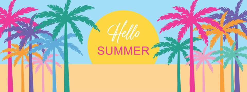 Hello summer. Bright banner with colored palm trees.