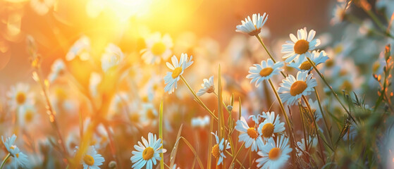 A soft sunset bathes a field of daisies in warm light, reflecting the tender moments of evening's approach
