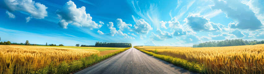 A picturesque panoramic view captures the open golden wheat field, road, leading beneath a vast blue sky with dynamic clouds