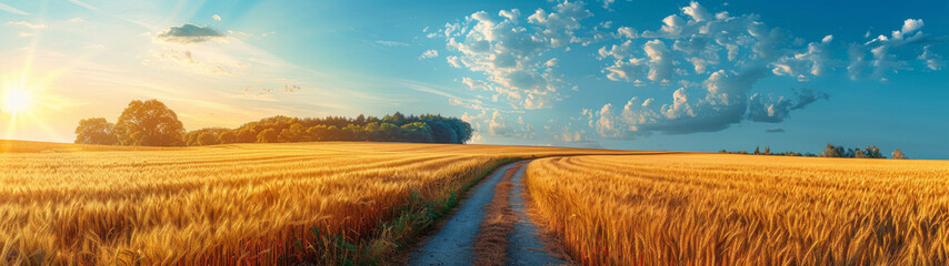 A majestic panorama showing sun rays filtering through clouds over vibrant wheat fields, evoking warmth and harvest - obrazy, fototapety, plakaty