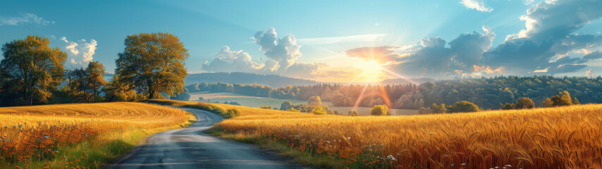 Mesmerizing sunset casting a warm light on a winding country road amid ripe golden fields with a forest backdrop
