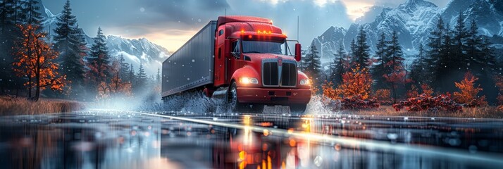 Trucking in rain: Red semi-truck transporting cargo - obrazy, fototapety, plakaty