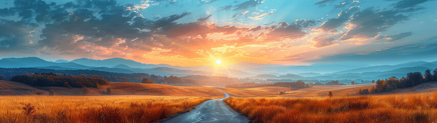 Captivating sunrise peering through mist over a hilly road with autumn-hued fields and mountain ranges