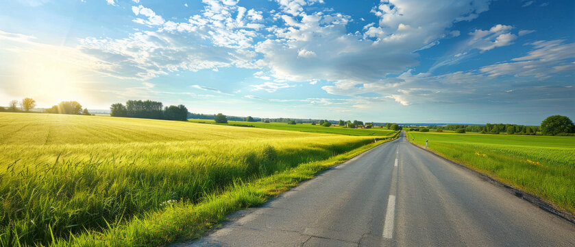 A refreshing view of a smooth tarmac road traveling between vibrant green fields, under a sky with sun rays piercing through