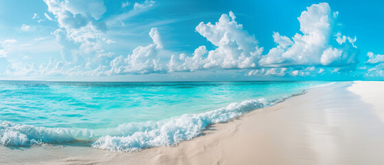 A panoramic pristine beach with crystal clear turquoise water, white sand, and fluffy clouds in a blue sky