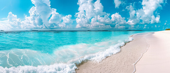 Beautiful serene beach scene with calm sea, white sand, and a sky dotted with clouds for a peaceful setting