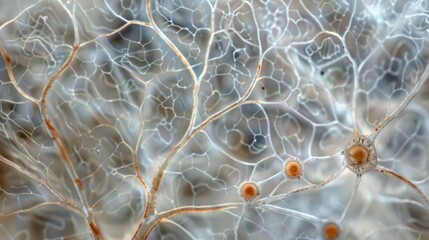 A microscopic view of the intricate rootlike structures of mycorrhizal fungi which form symbiotic relationships with plant roots aiding - obrazy, fototapety, plakaty