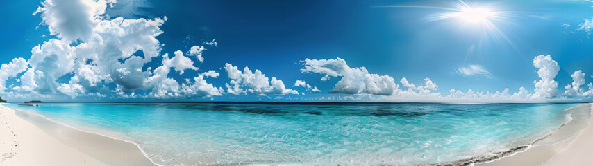 A sun-drenched panoramic image of a white sandy beach with turquoise water, under a sky filled with fluffy clouds