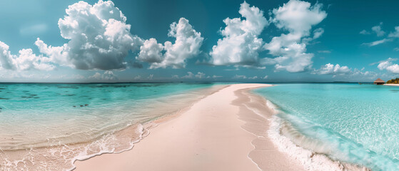 This panoramic shot captures the serene beauty of a white sandy beach meeting the crystal-clear turquoise waters under a blue sky with fluffy clouds