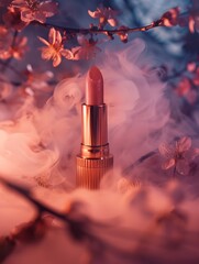 A tube of pink lipstick with dramatic lighting and pink smoke.  - obrazy, fototapety, plakaty