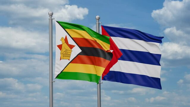Cuba and Zimbabwe two flags waving together, looped video, two country cooperation concept
