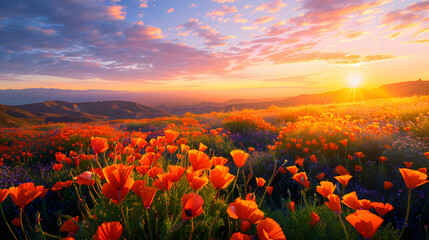 Fototapeta na wymiar California's Poppy Fields at Dawn: A Tranquil High-Definition Landscape Wallpaper