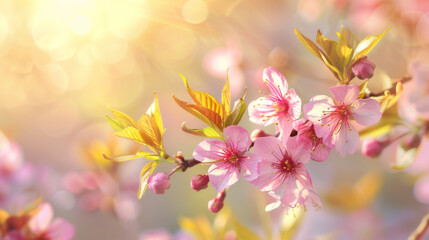 Cherry blossom branches bask in the warm, golden hour sunlight, emphasizing the flower's gentle beauty and the magic of spring