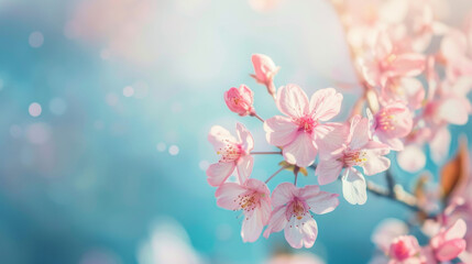 Warm pink cherry blossoms contrast beautifully against a cool, bokeh-dotted blue sky, symbolizing the joyful spirit of spring