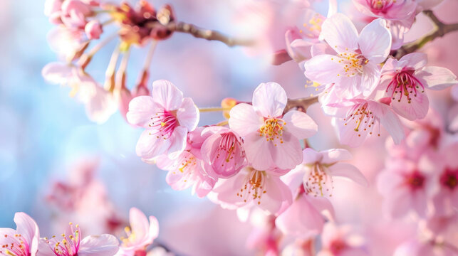 The image captures the intricate details of cherry blossom petals against a bright, blue-toned backdrop, showcasing the delicate nature of spring