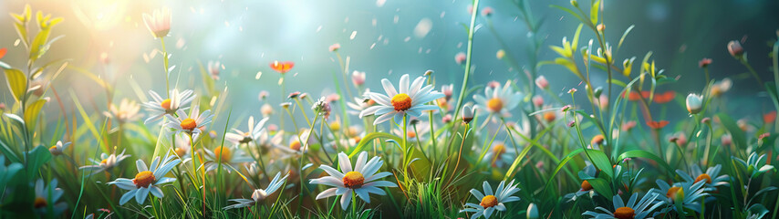 A field of white daisies illuminated by the soft golden rays of the early morning sun - obrazy, fototapety, plakaty
