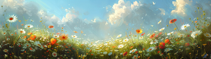 Obraz na płótnie Canvas This digital artwork captures the essence of golden hour with sunlight filtering through clouds onto a field of wild red and white flowers