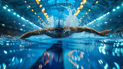Foto op Canvas Man enjoys swimming in liquid entertainment, surrounded by electric blue water © yuchen