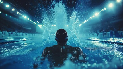 a man is swimming in a swimming pool at night - obrazy, fototapety, plakaty