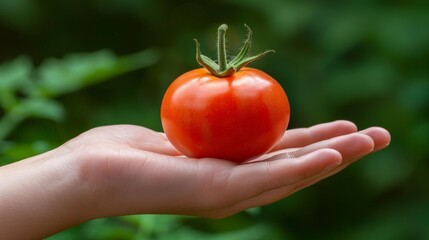 Hand holding ripe tomato with blurred background for tomato selection and copy space placement