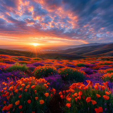 California's Poppy Fields at Dawn: A Tranquil High-Definition Landscape Wallpaper