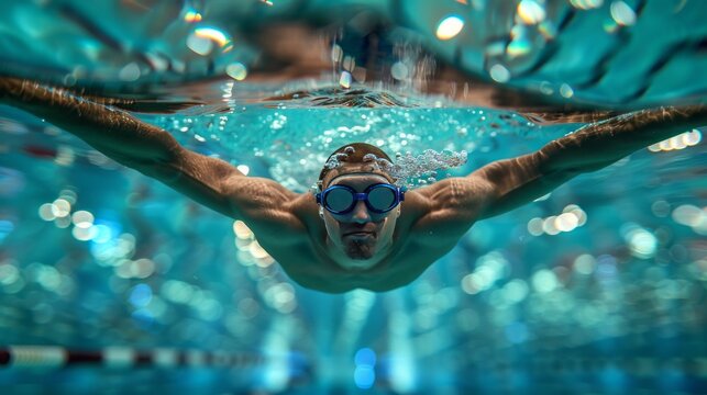 Happy swimmer in water with goggles at leisure in swimming pool