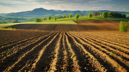 Evening descends on meticulously plowed rippled farmland, heralding the close of a day of toil and promise of bounty