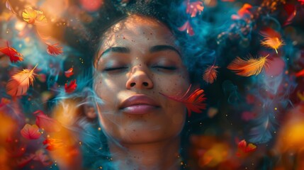 A woman with closed eyes surrounded by floating colorful feathers representing the peaceful and imaginative state of dreaming.